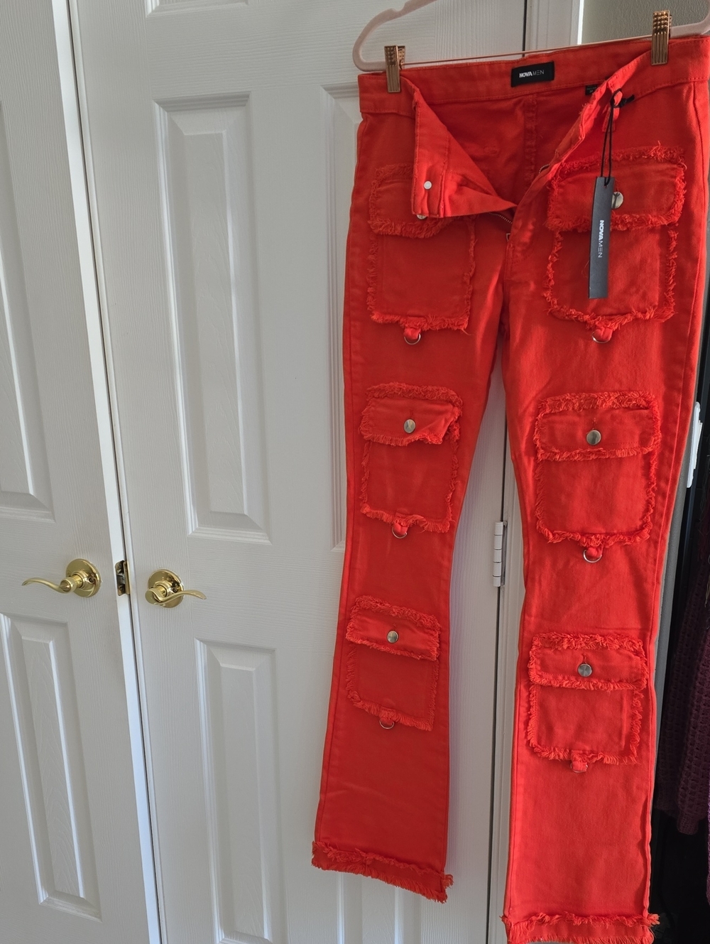 Red Frayed Cargo Pocket Jeans